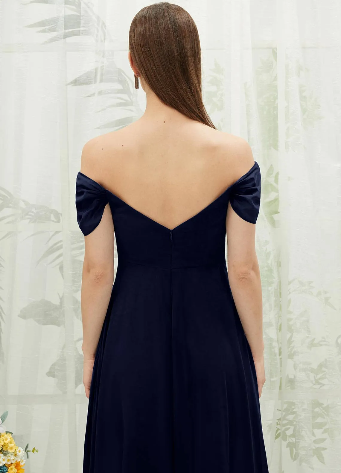 Dark Navy Chiffon Cold Shoulder Sweetheart Bridesmaid Dress Pocket