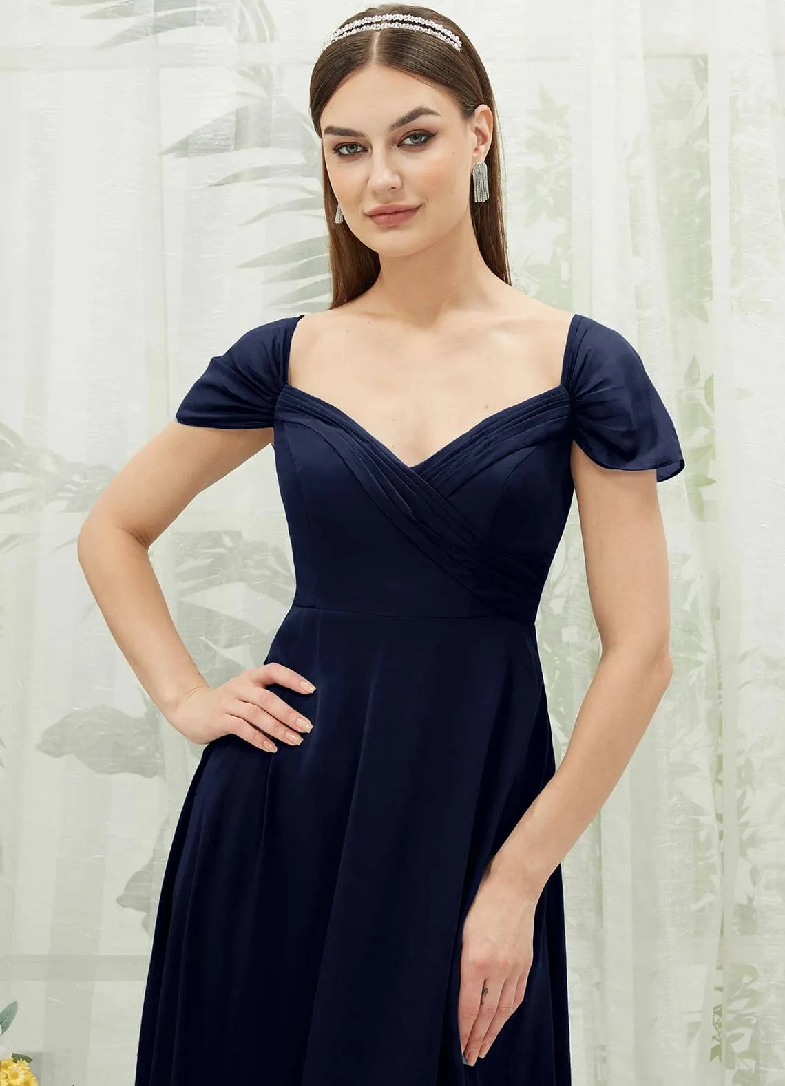 Dark Navy Chiffon Cold Shoulder Sweetheart Bridesmaid Dress Pocket