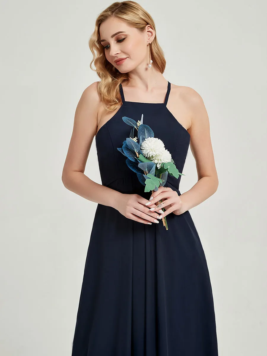 Dark Navy Halter Sleeveless Empire Pleated Backless Chiffon Bridesmaid Dress