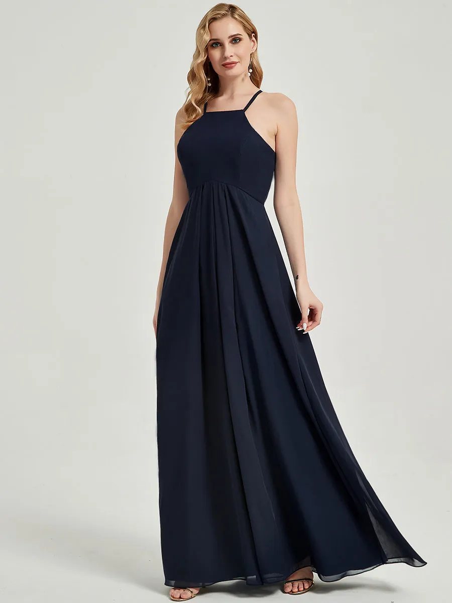 Dark Navy Halter Sleeveless Empire Pleated Backless Chiffon Bridesmaid Dress