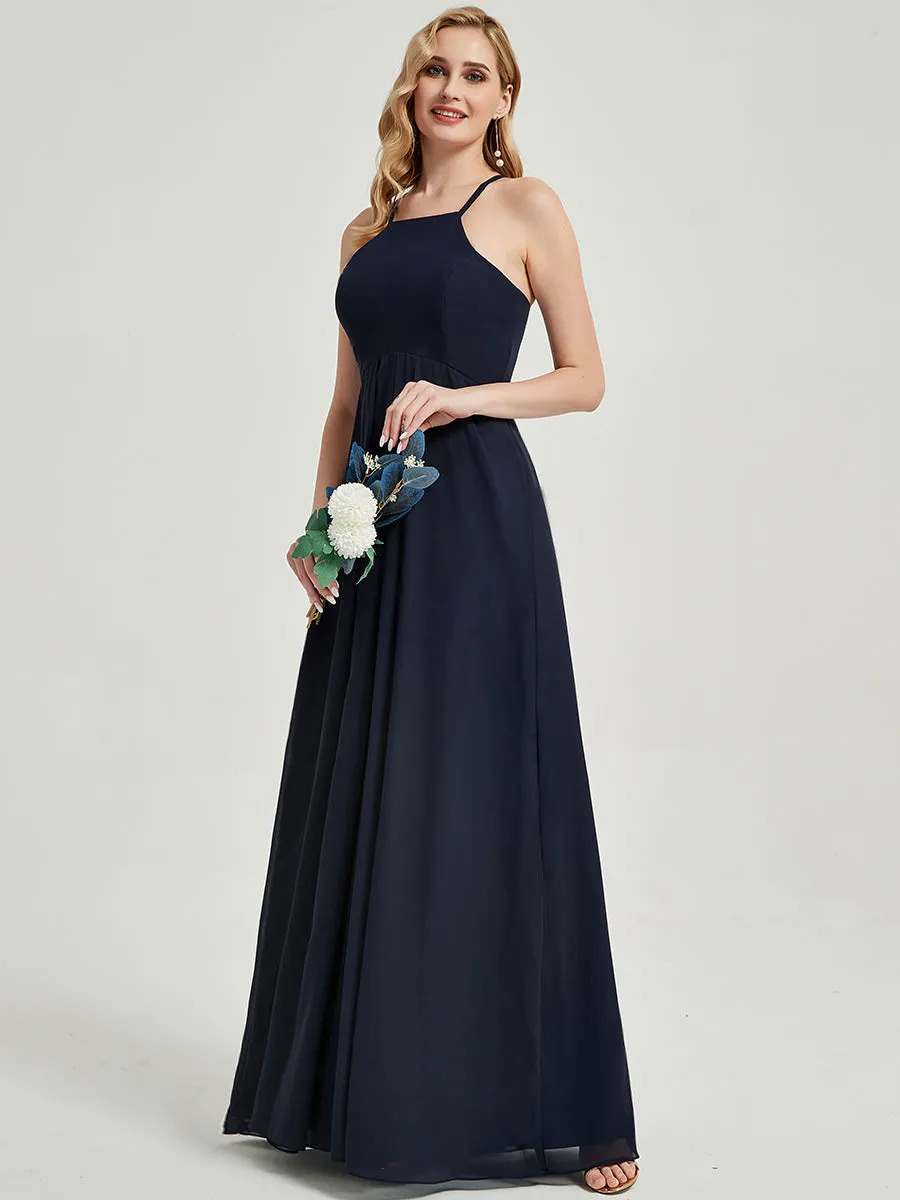 Dark Navy Halter Sleeveless Empire Pleated Backless Chiffon Bridesmaid Dress