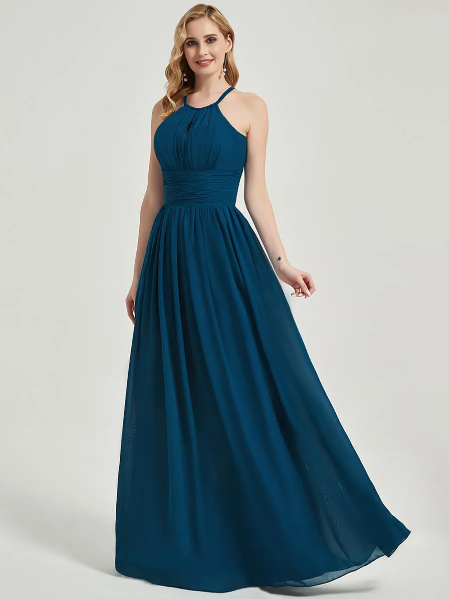 Dark Navy Pleated Halter Neck Sleeveless Maxi Chiffon Bridesmaid Dress