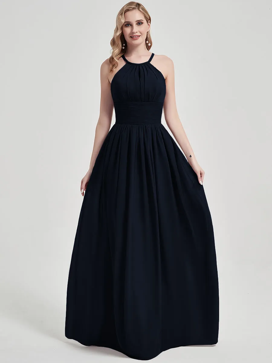 Dark Navy Pleated Halter Neck Sleeveless Maxi Chiffon Bridesmaid Dress