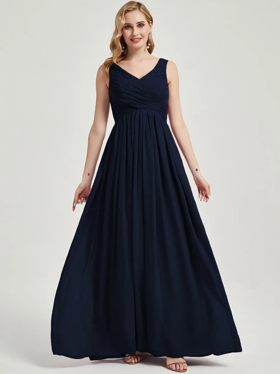 Dark Navy Pleated V-Neck Sleeveless Empire Maxi Chiffon Bridesmaid Dress