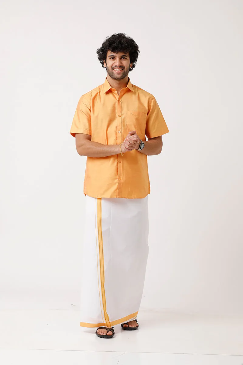 Divine - Golden Yellow Matching Shirt and Dhoti Set For Men | Uathayam