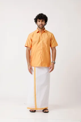 Divine - Golden Yellow Matching Shirt and Dhoti Set For Men | Uathayam