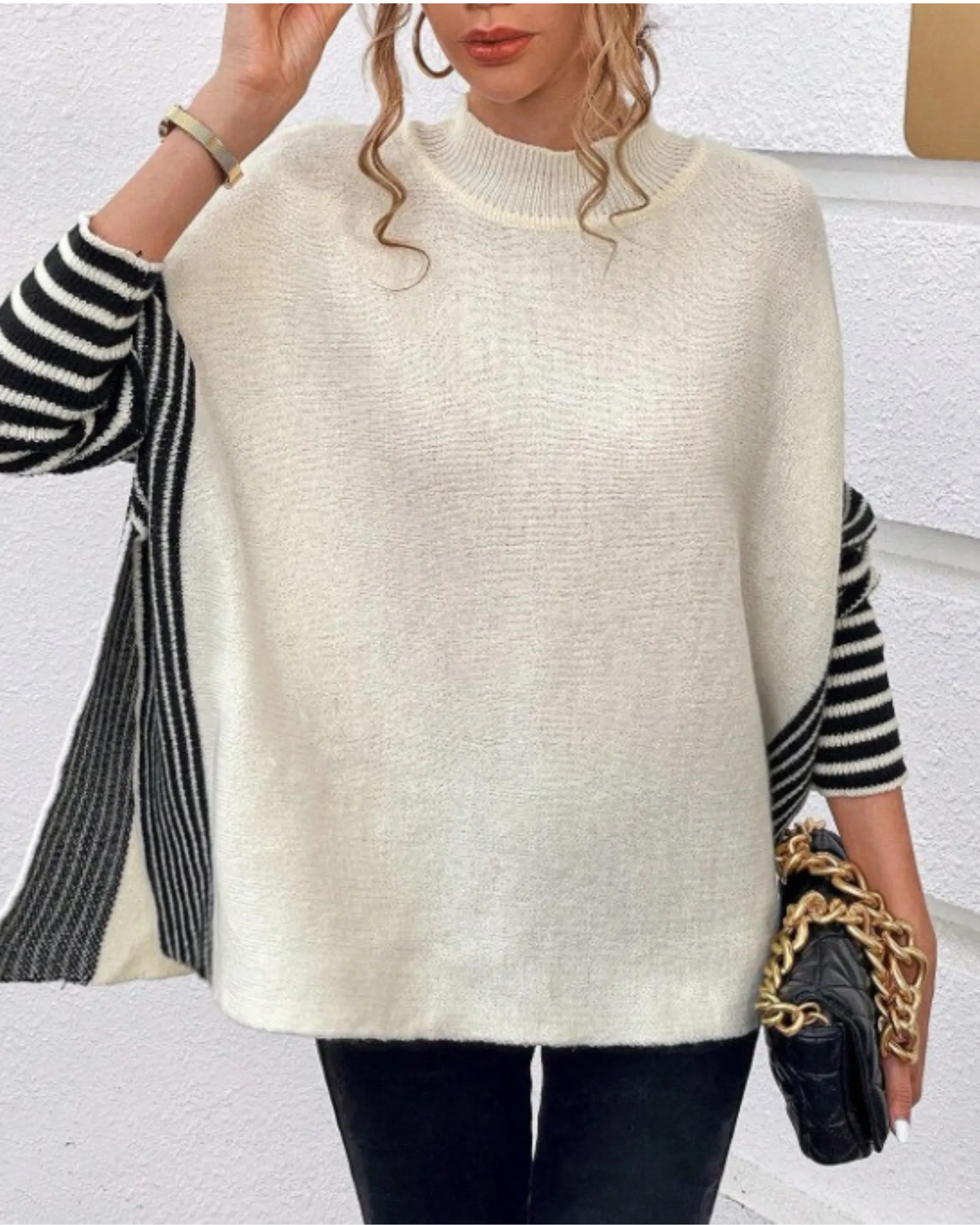 Essnce Striped Pattern Batwing Sleeve Mock Neck Split Hem Sweater 3615 - سويتر