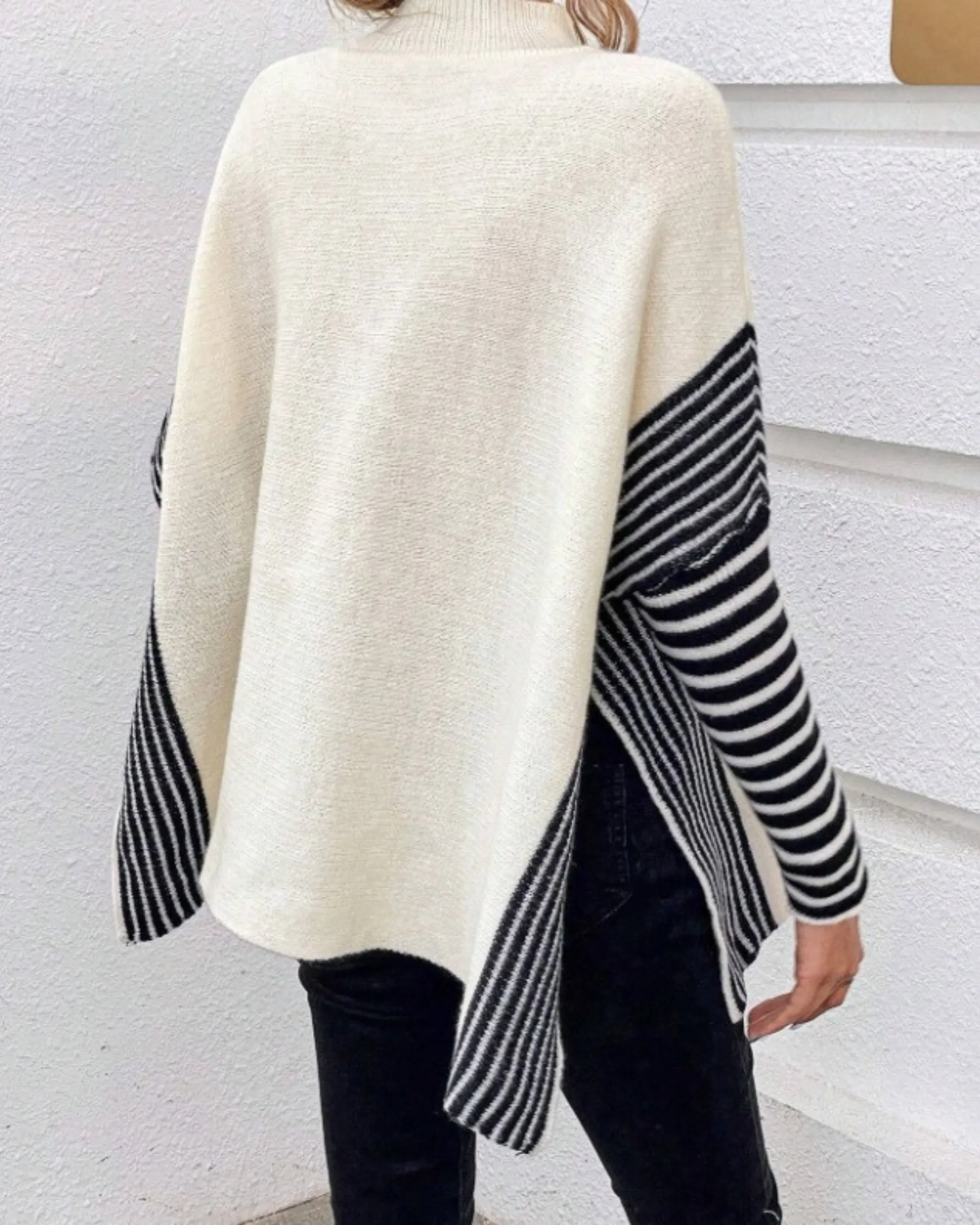 Essnce Striped Pattern Batwing Sleeve Mock Neck Split Hem Sweater 3615 - سويتر