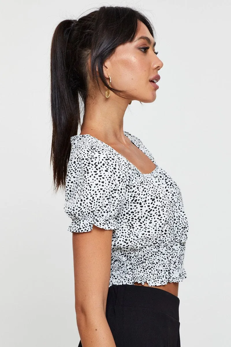 Geo Print Puff Sleeve Top Short Sleeve Crop