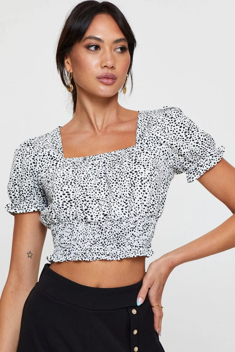 Geo Print Puff Sleeve Top Short Sleeve Crop