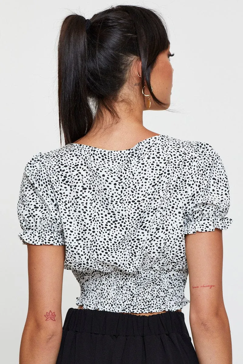 Geo Print Puff Sleeve Top Short Sleeve Crop