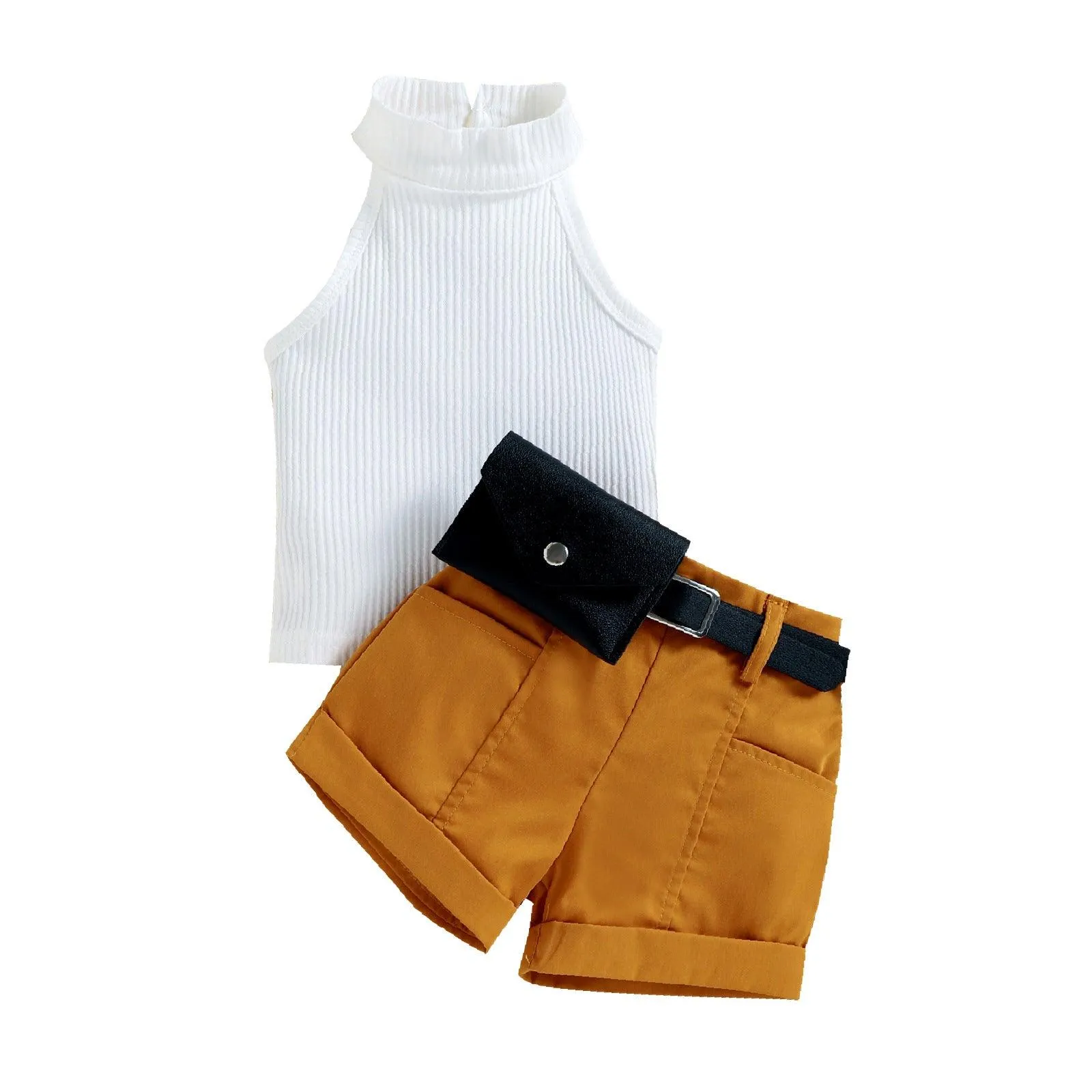 Girls' Neck Hole Top, Shorts, Waist Bag, Three-piece Suit