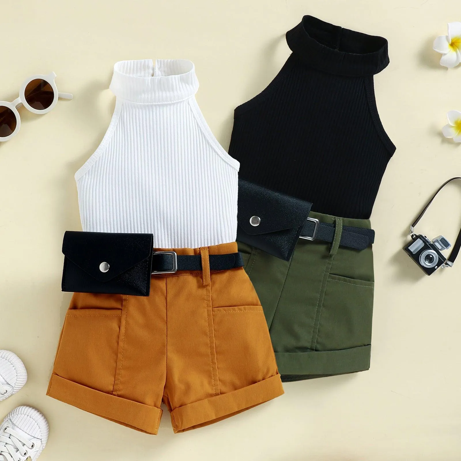 Girls' Neck Hole Top, Shorts, Waist Bag, Three-piece Suit