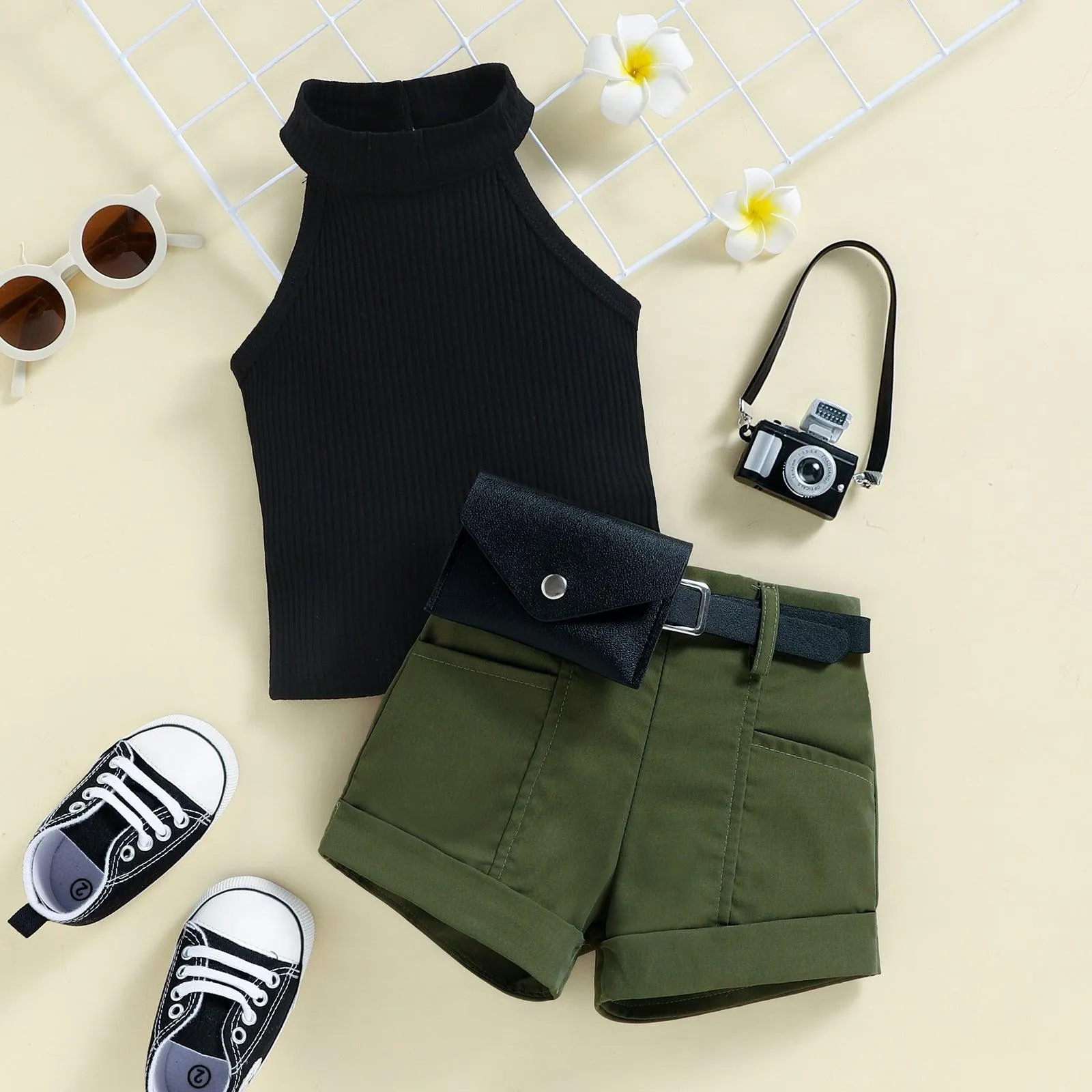 Girls' Neck Hole Top, Shorts, Waist Bag, Three-piece Suit