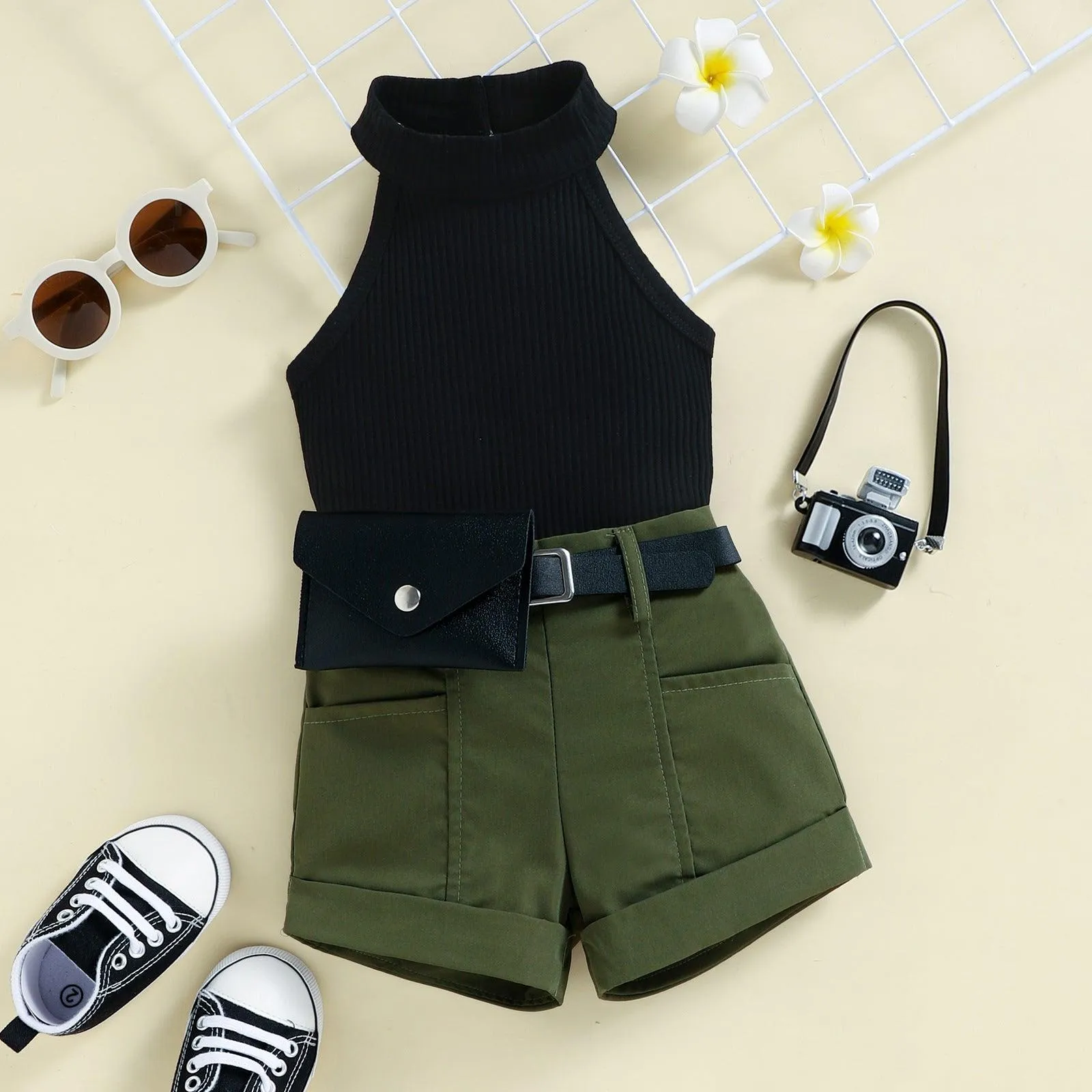 Girls' Neck Hole Top, Shorts, Waist Bag, Three-piece Suit