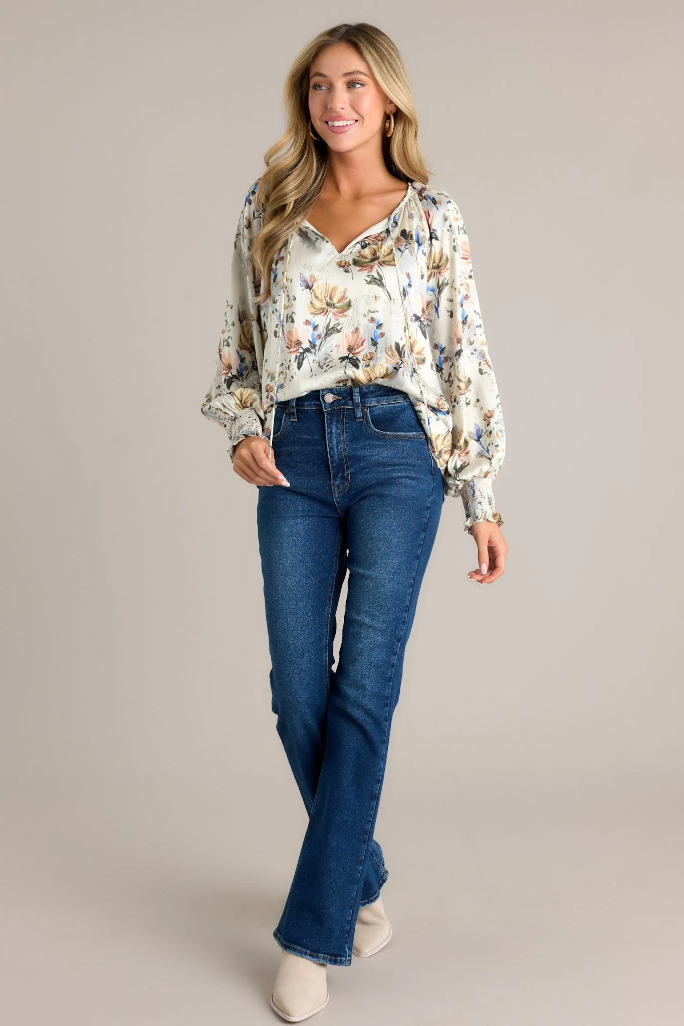 Golden Orchid Ivory Floral Balloon Sleeve Blouse