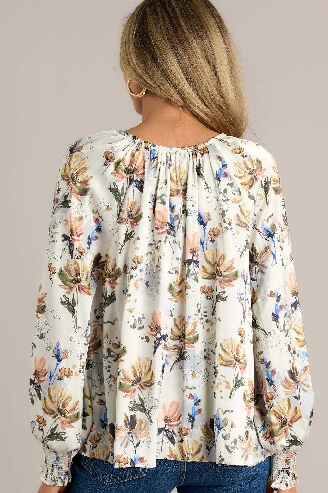 Golden Orchid Ivory Floral Balloon Sleeve Blouse