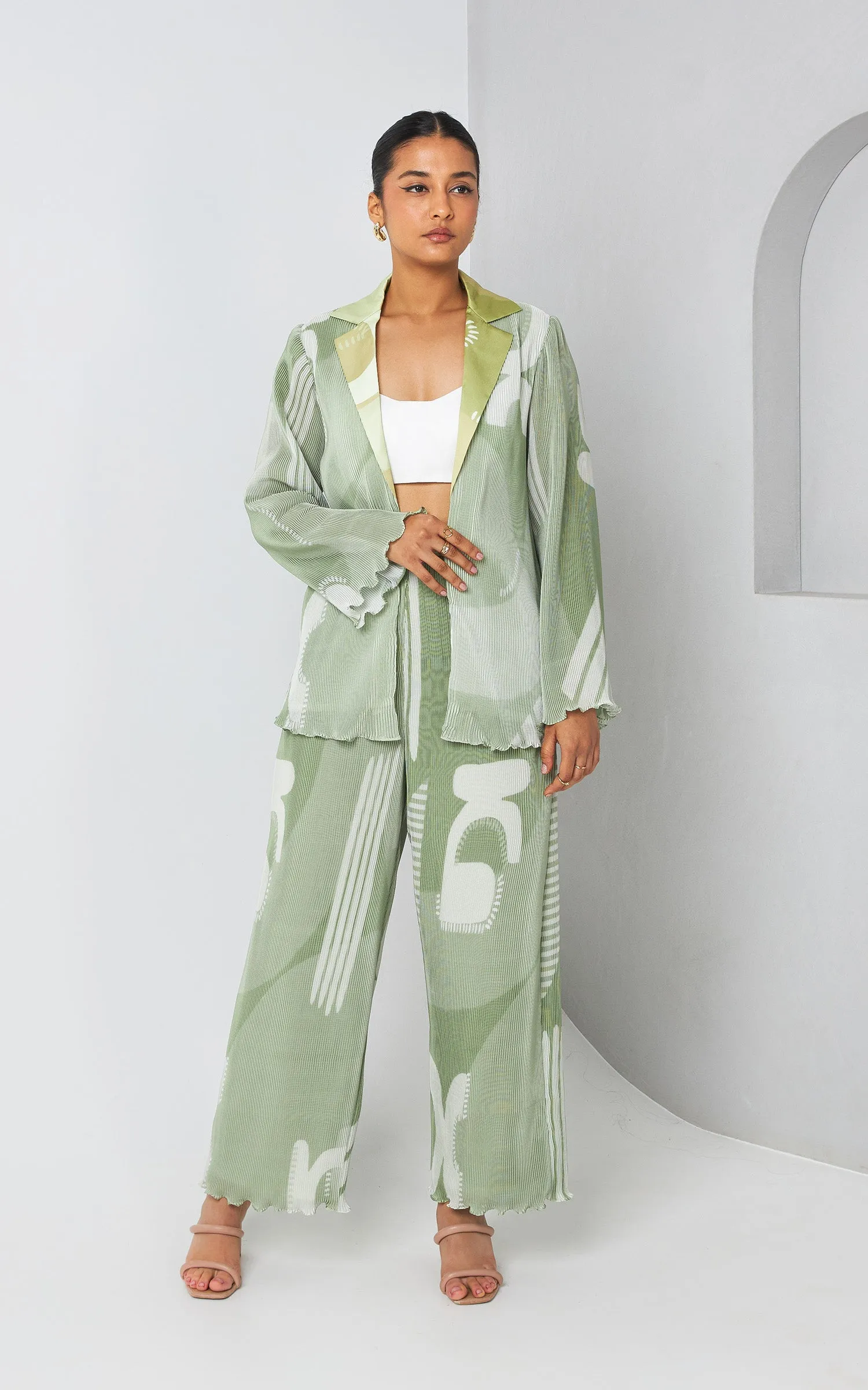 Green Abstract printed Jacket Set