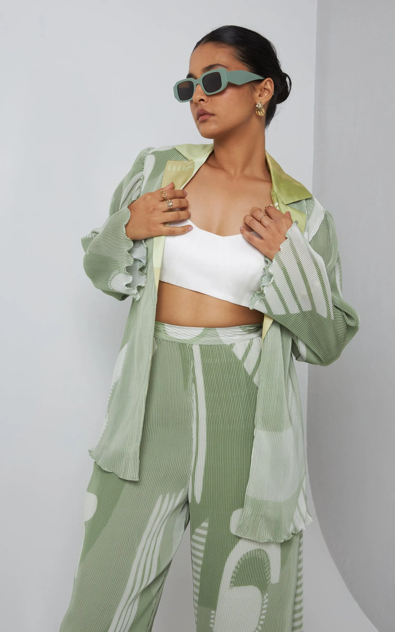 Green Abstract printed Jacket Set