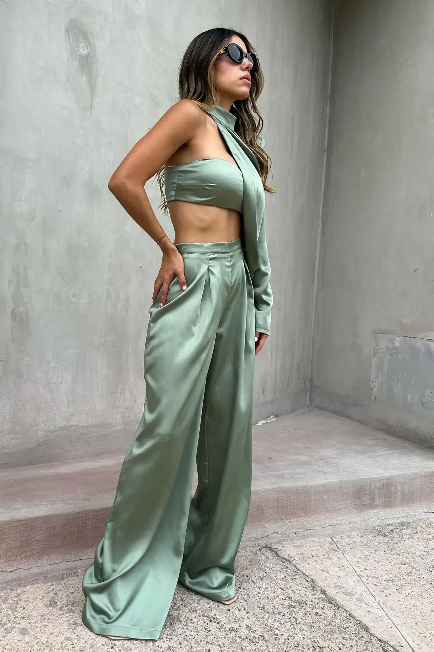 Green Satin One Shoulder Top Pants Set