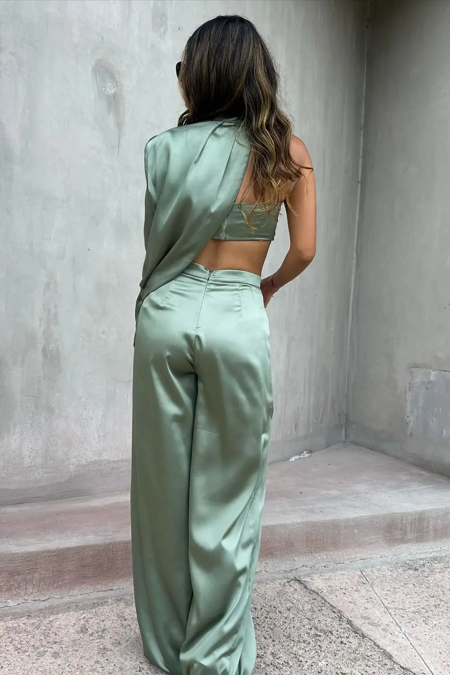 Green Satin One Shoulder Top Pants Set