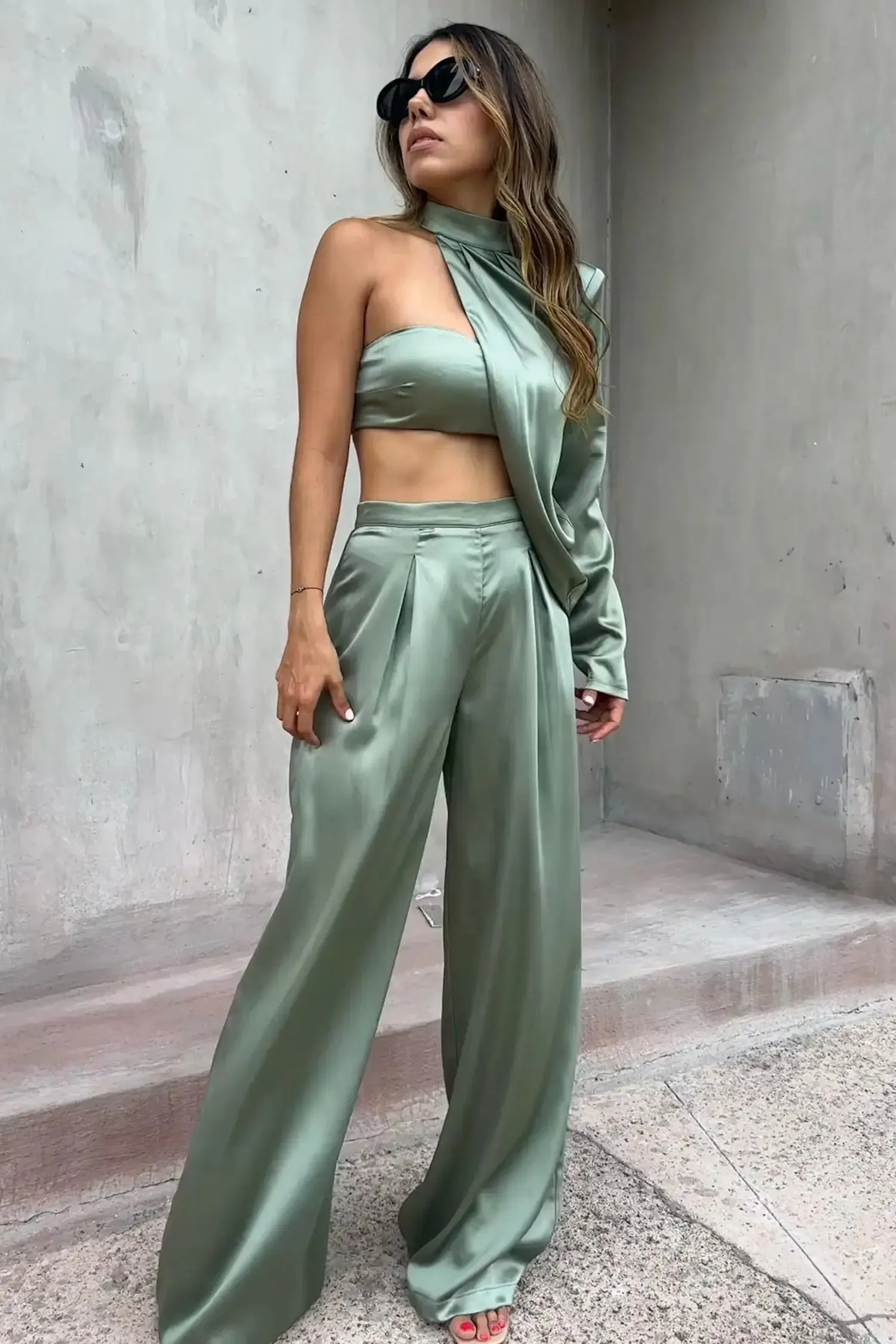 Green Satin One Shoulder Top Pants Set