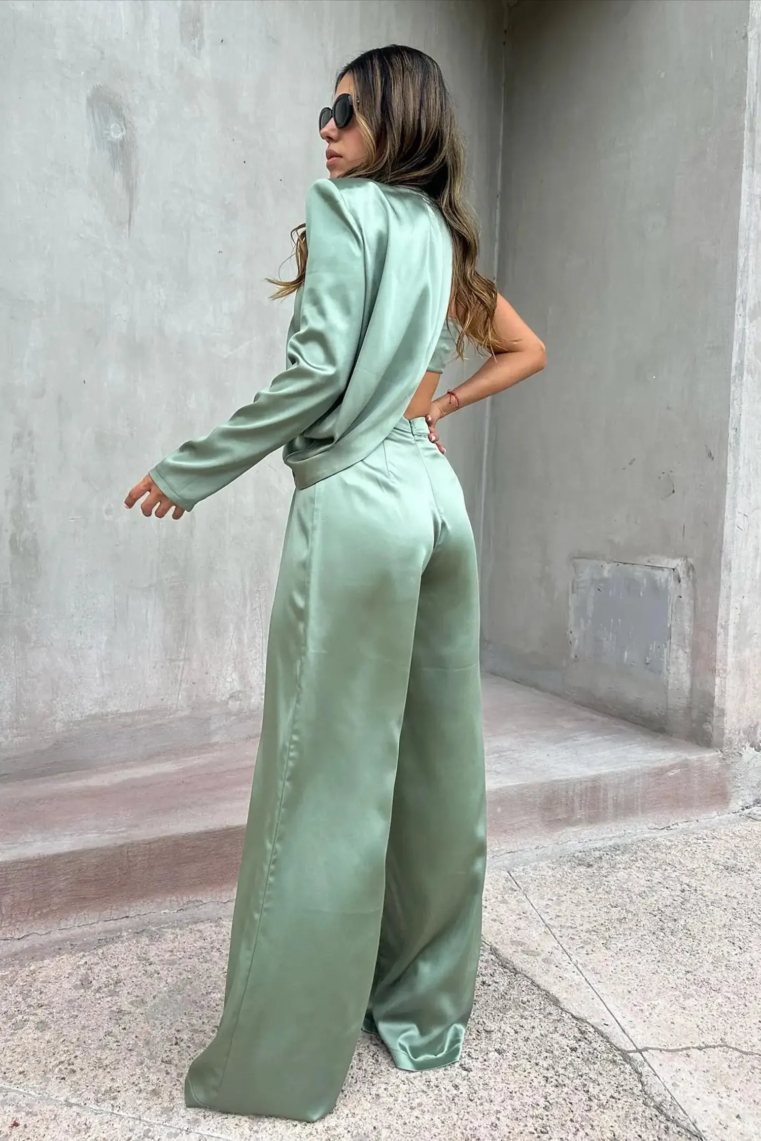 Green Satin One Shoulder Top Pants Set