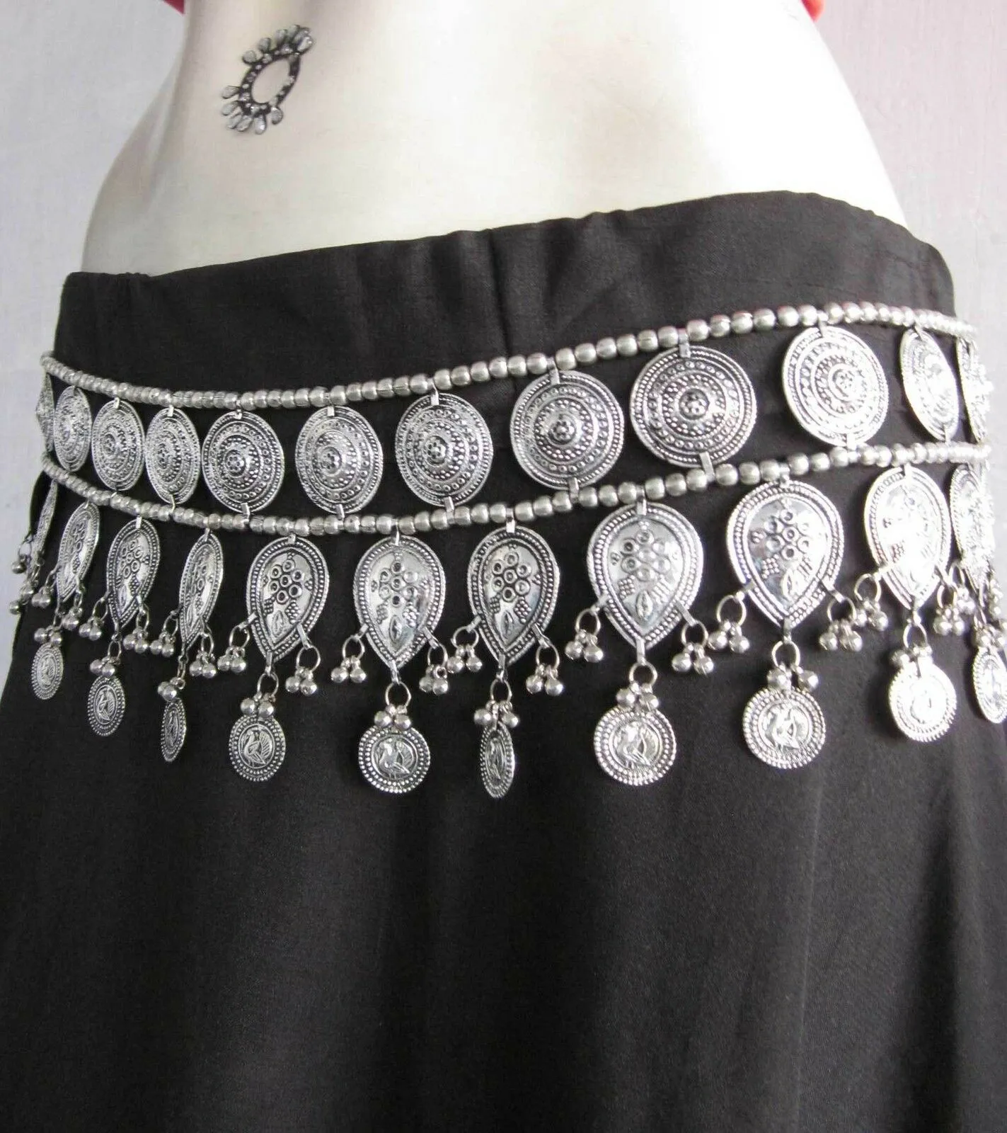 Gypsy Silver Coin Belt Three Rows Boho Belly Chain Adjustable Size Great For Festivals & Beach!