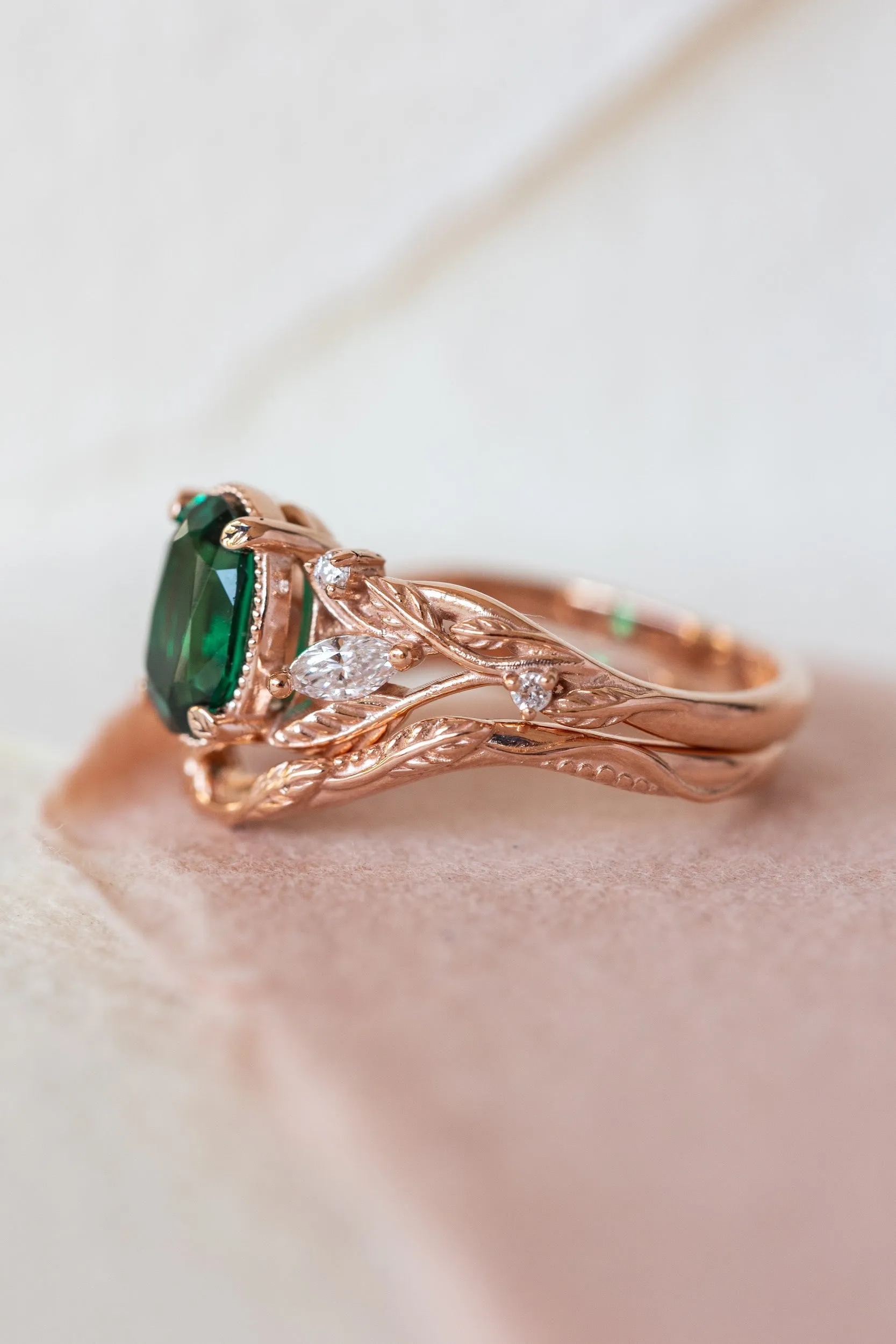 Lab emerald rose gold engagement ring set, leaves and diamonds bridal ring set / Patricia