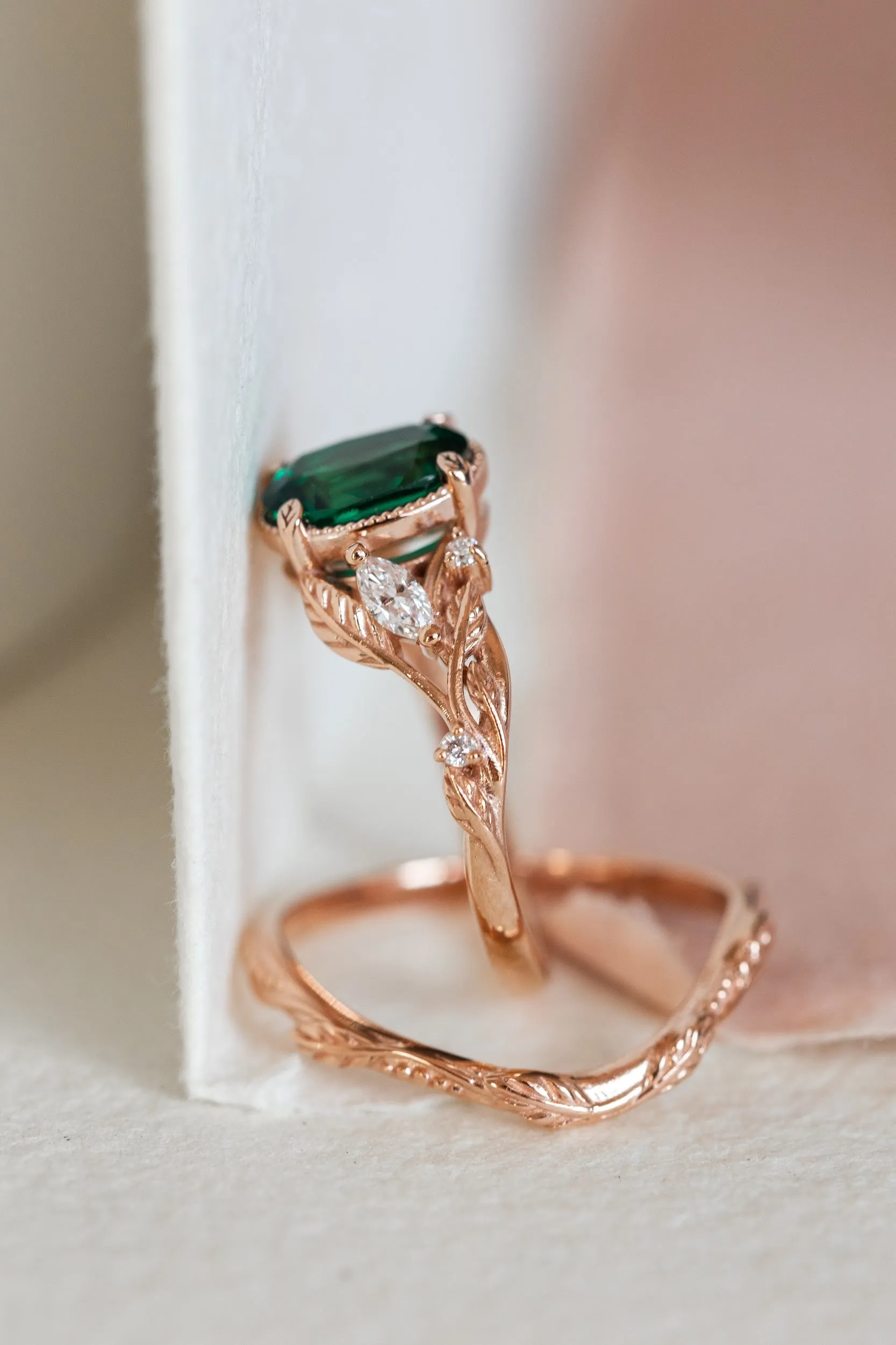 Lab emerald rose gold engagement ring set, leaves and diamonds bridal ring set / Patricia