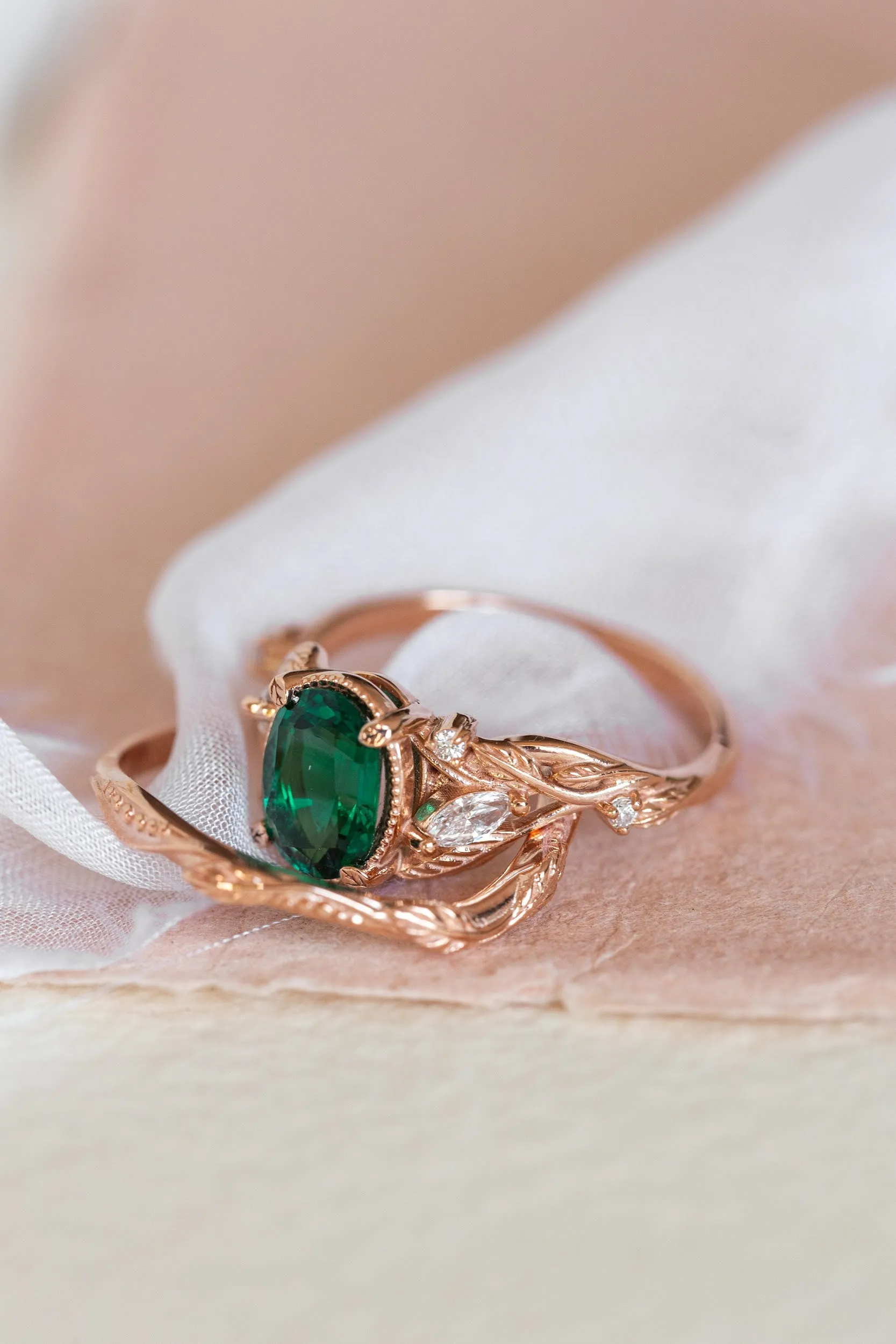 Lab emerald rose gold engagement ring set, leaves and diamonds bridal ring set / Patricia