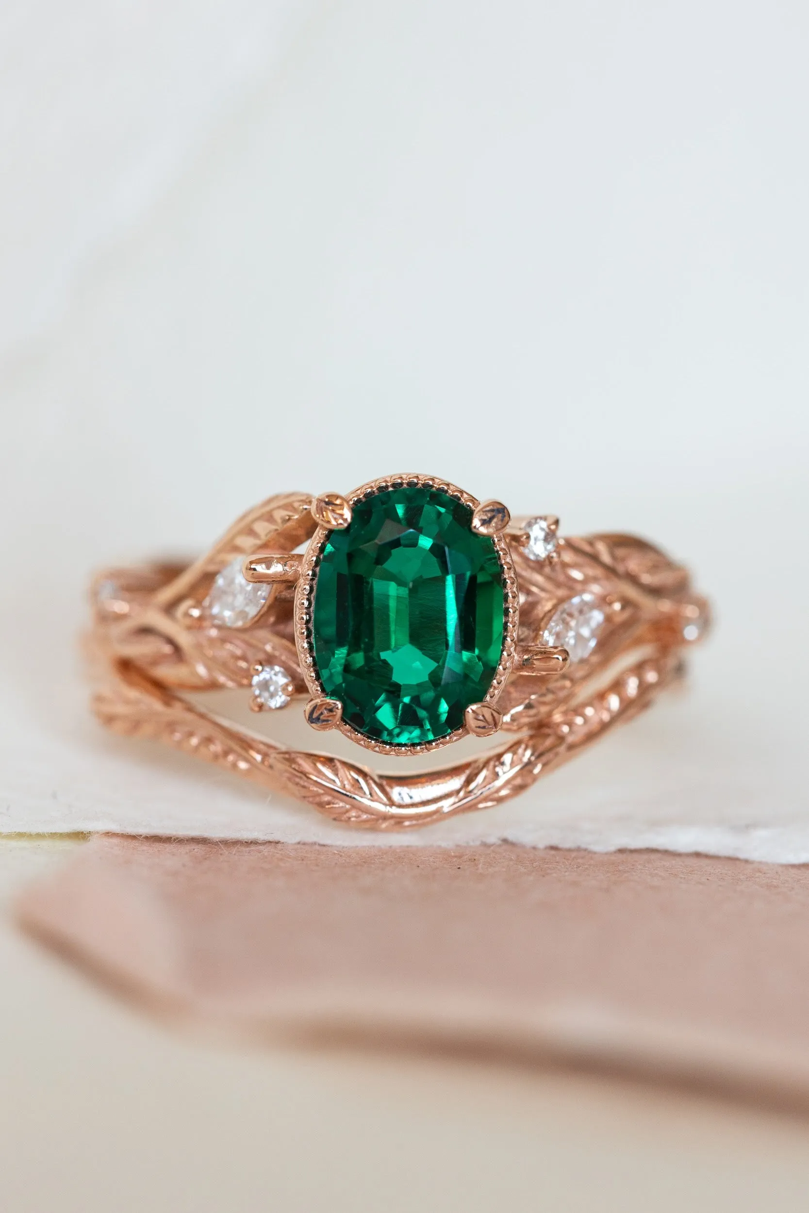 Lab emerald rose gold engagement ring set, leaves and diamonds bridal ring set / Patricia