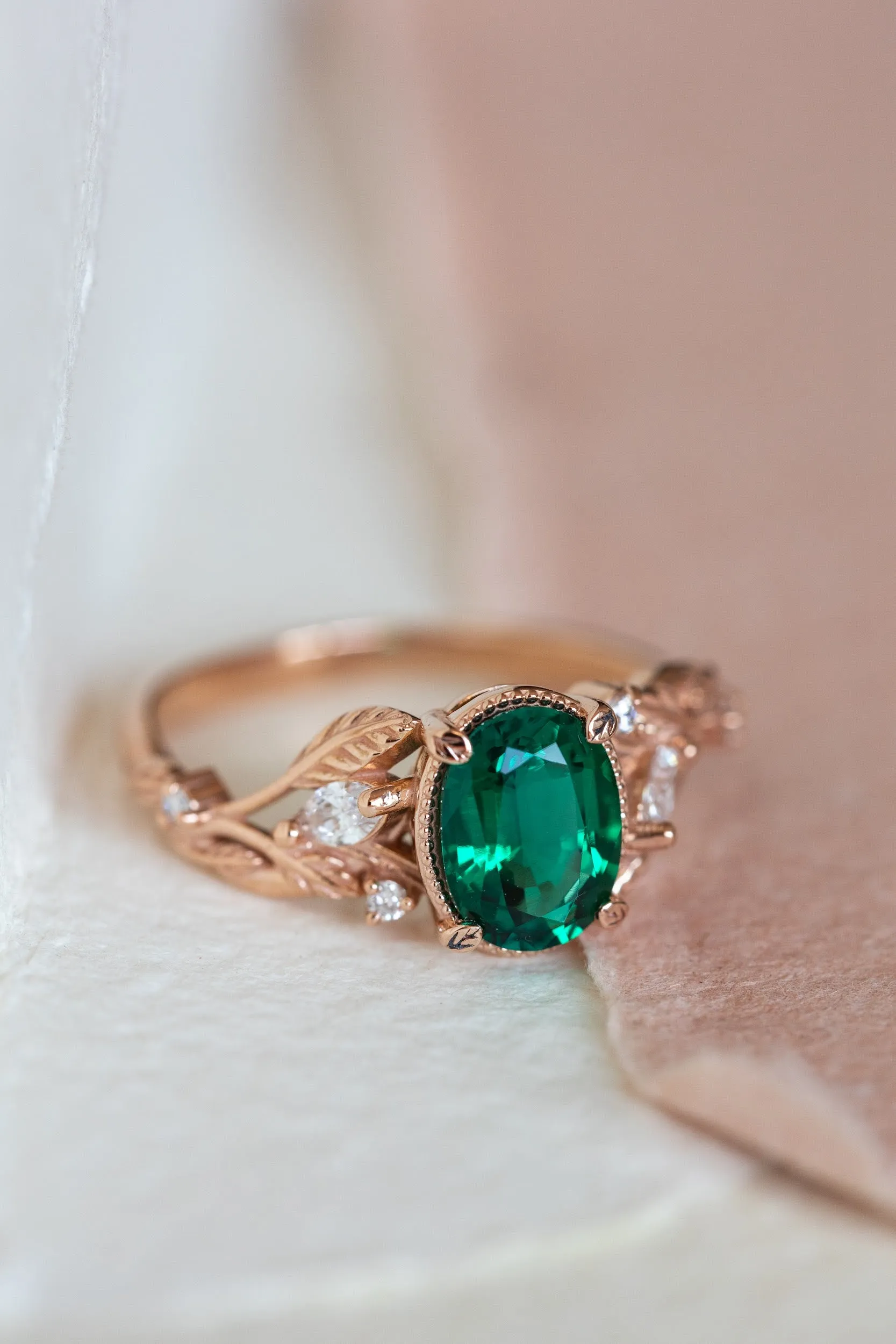 Lab emerald rose gold engagement ring set, leaves and diamonds bridal ring set / Patricia