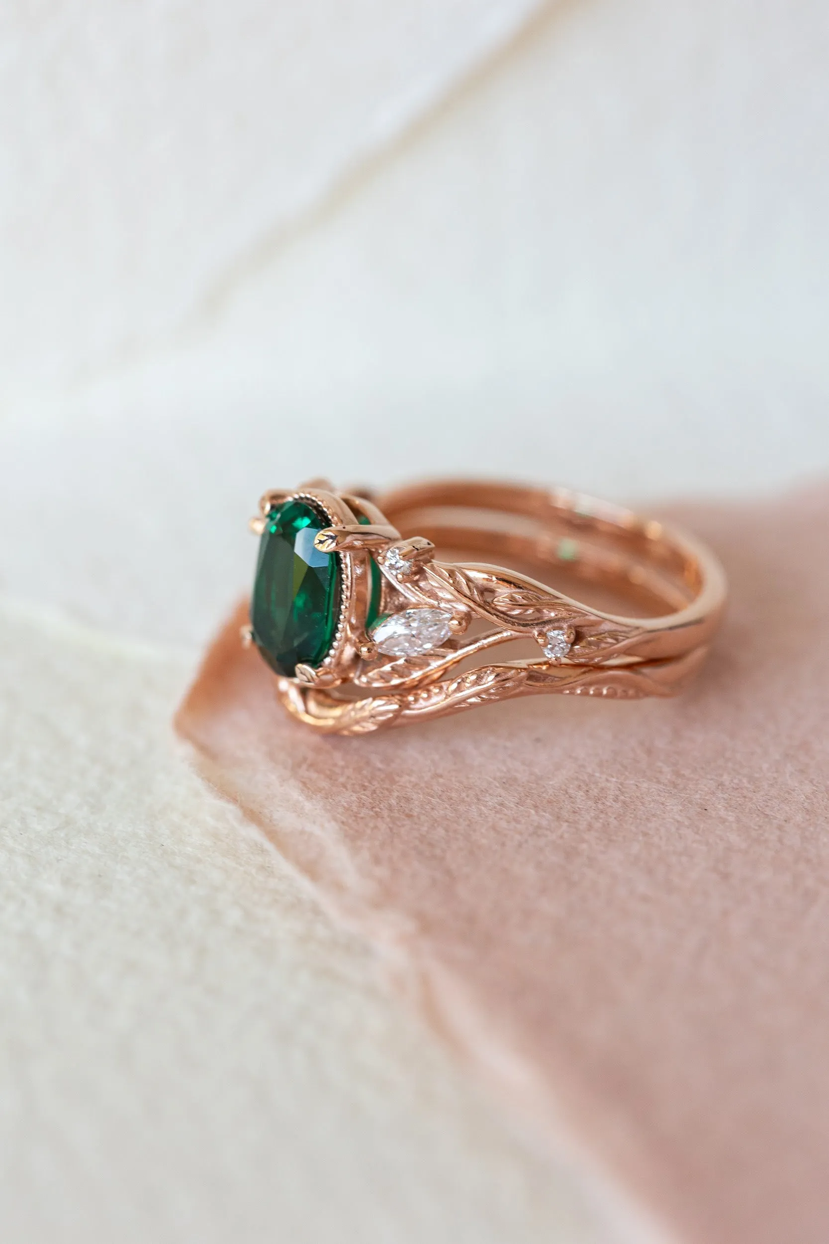 Lab emerald rose gold engagement ring set, leaves and diamonds bridal ring set / Patricia