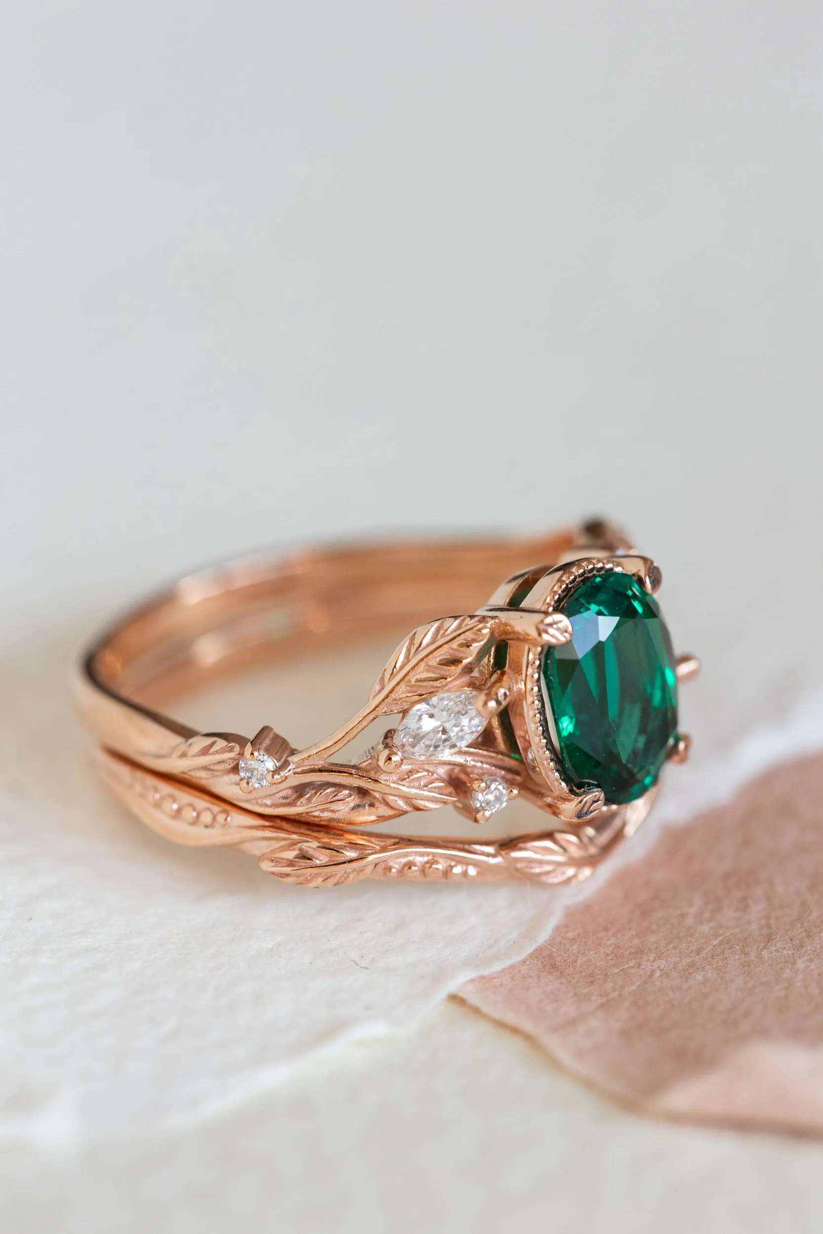 Lab emerald rose gold engagement ring set, leaves and diamonds bridal ring set / Patricia