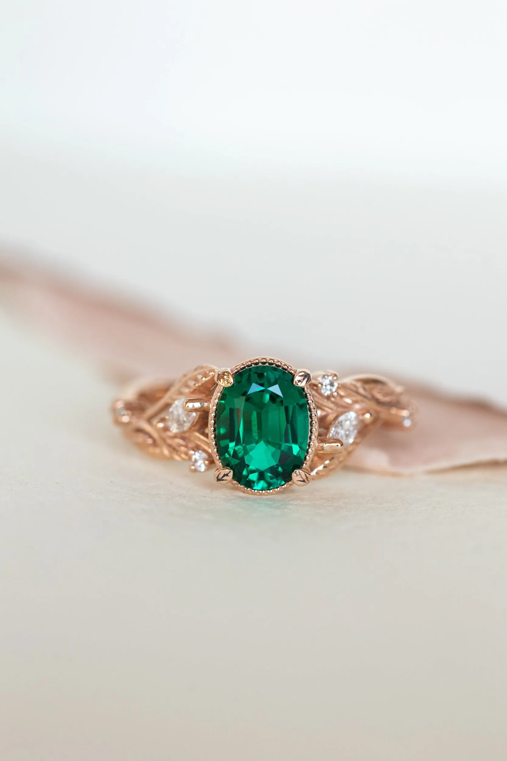 Lab emerald rose gold engagement ring set, leaves and diamonds bridal ring set / Patricia