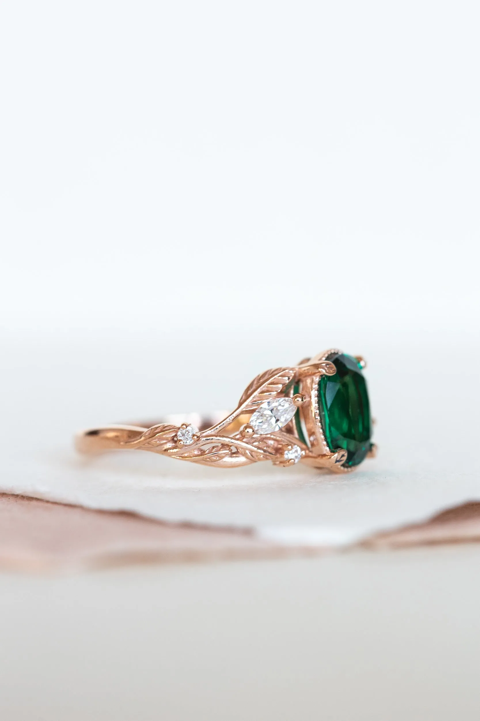 Lab emerald rose gold engagement ring set, leaves and diamonds bridal ring set / Patricia