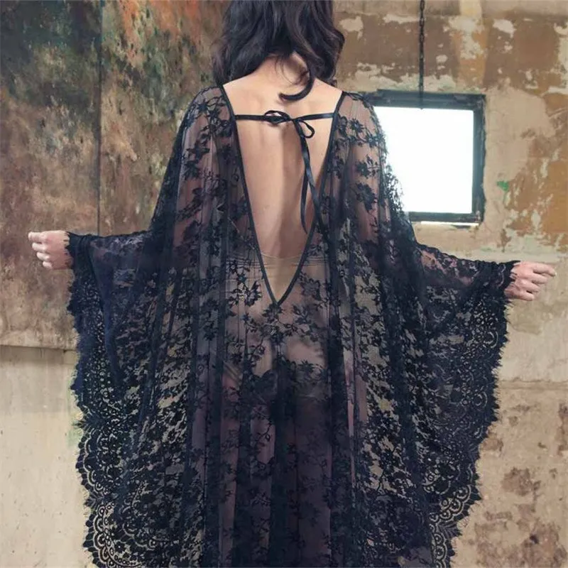 Lace Kaftan White Or Black Maxi Beach Dress Bikini Cover Up Angel Wing Sleeves Low Back With Tie Easy On And Off Bohemian Caftan One Size