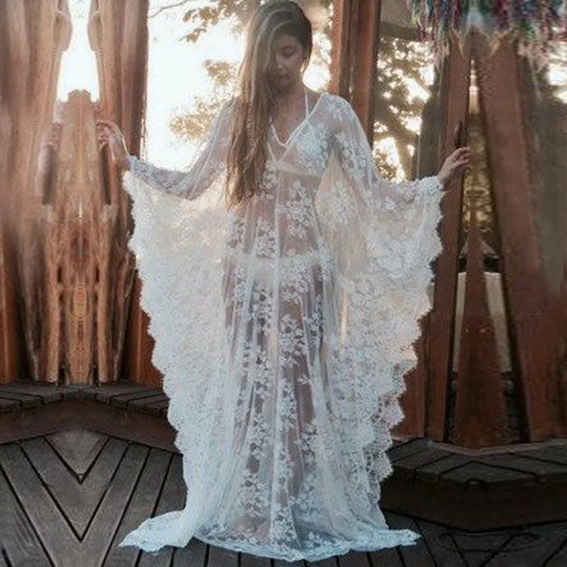 Lace Kaftan White Or Black Maxi Beach Dress Bikini Cover Up Angel Wing Sleeves Low Back With Tie Easy On And Off Bohemian Caftan One Size