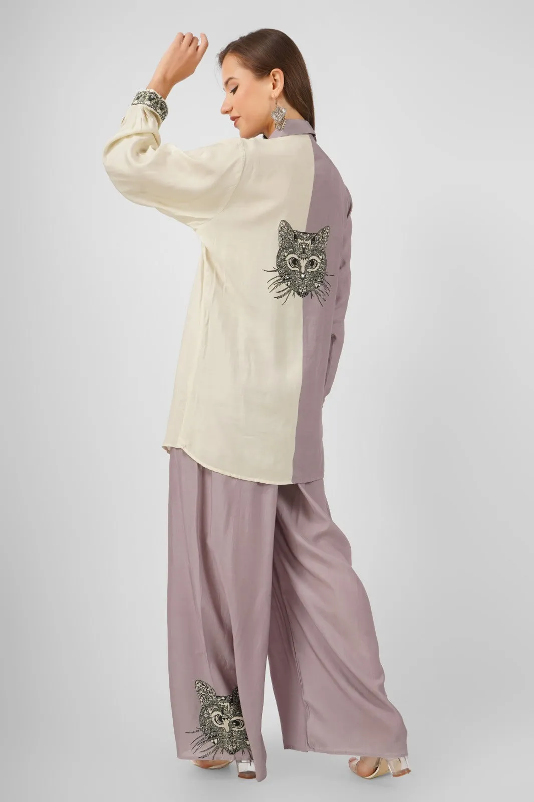 Lilac Muslin Cat Design Co ord Set