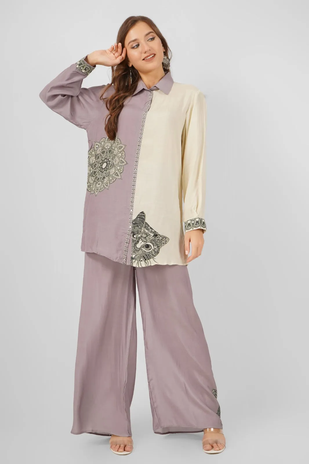 Lilac Muslin Cat Design Co ord Set