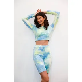 Multicolor Tie-dye Velvet Cropped Long Sleeve Top & Bike Shorts Set