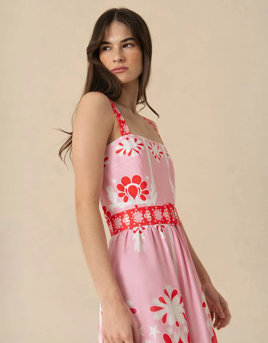 Ninet Cotton Midi Dress - Geo Flower Pink - SALE