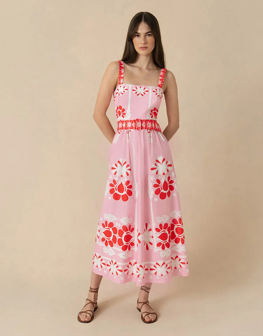 Ninet Cotton Midi Dress - Geo Flower Pink - SALE