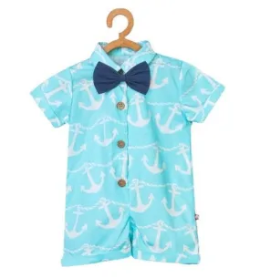 Nino Bambino 100% Organic Cotton Aqua Blue N White Anchor Design Half Romper With Bow For Baby Boy (Certified ORGANIC) - 1 Pc (12 To 18 Months)