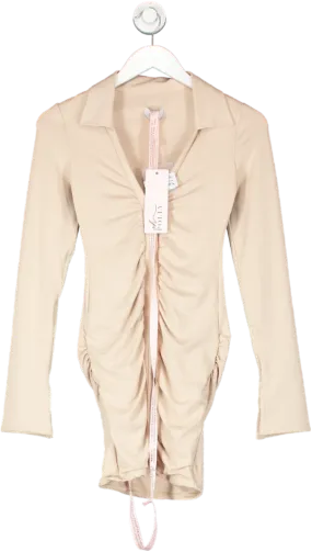 Oh Polly Nude Long Sleeve Ruched Front Mini Dress UK 8