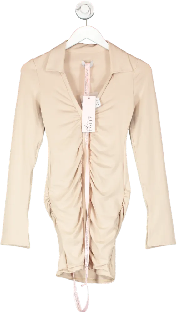 Oh Polly Nude Long Sleeve Ruched Front Mini Dress UK 8