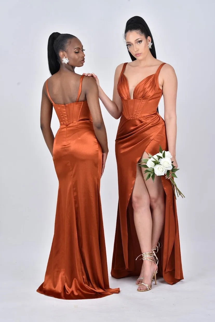 PAOLA Satin Corset Ruched Pleated Bridesmaids Maxi Dress with Side Split - Rust/Burnt Orange