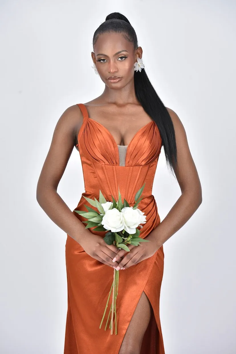 PAOLA Satin Corset Ruched Pleated Bridesmaids Maxi Dress with Side Split - Rust/Burnt Orange