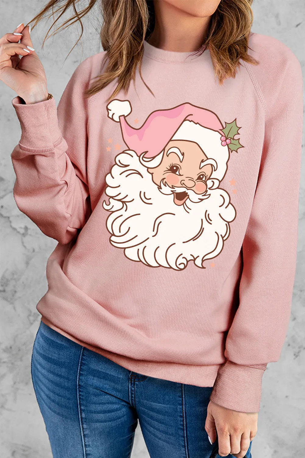 Pink Long Sleeve Tops Santa Claus Crewneck Basic  Pullover Sweatshirt